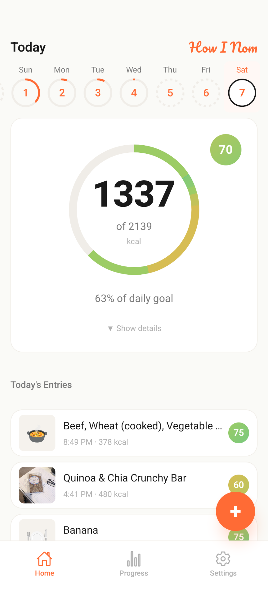 How I Nom app showing daily calorie tracking with food photos and health scores